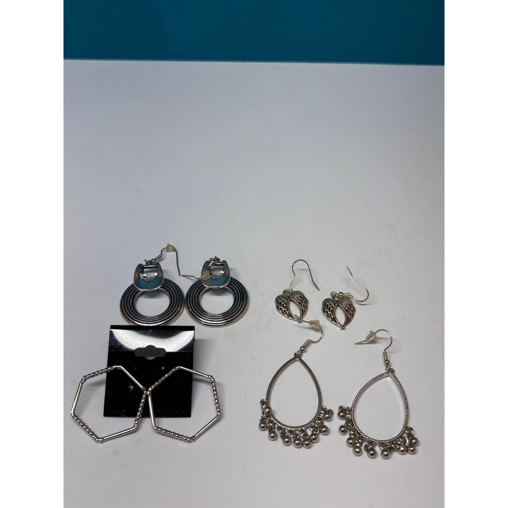 Silver Tone‎ Earring Lot 4 Pairs Teardrop Wing Hexagon Circle Boho Geometric